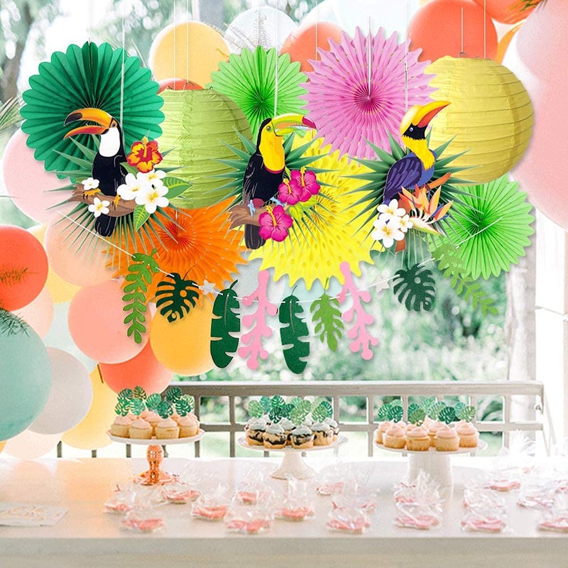 paper jazz Tropical Bird Toucan Leaf Garland Party Kit for Summer Hawaiian Luau Tiki Tropical Jungle Themed Party Decorations Luau Party Supplies Decor with Palm Leaves Paper Fan Paper Lanterns - Image 2